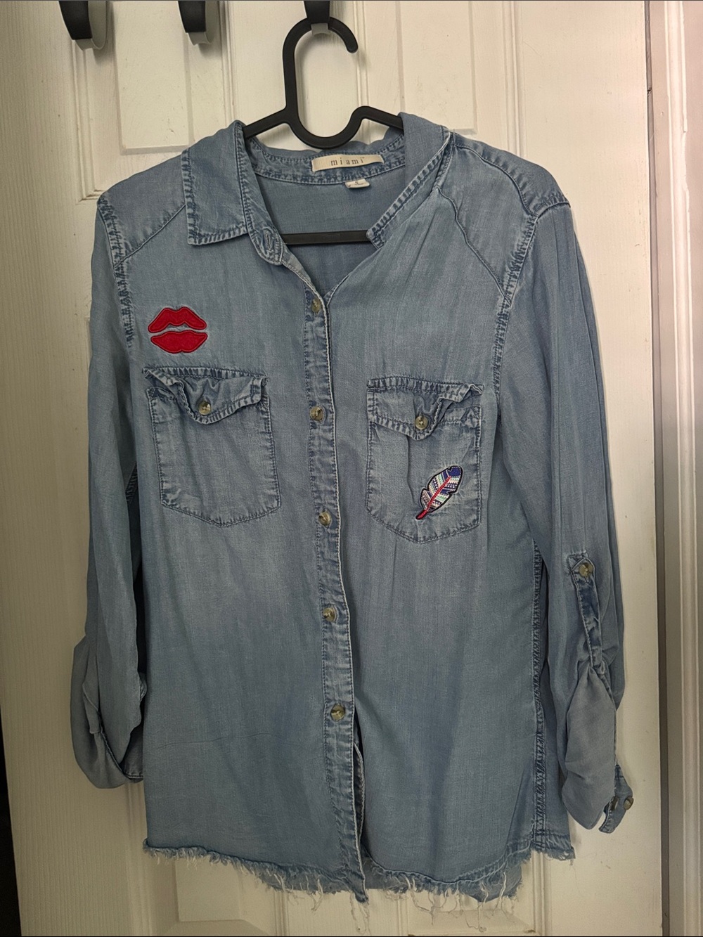 miami Light Blue Denim Button-Down Shirt with Patches